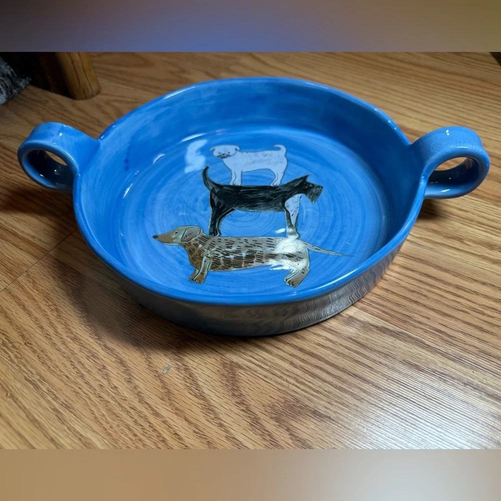 Anthropologie , Gemma Orkan Handpainted Blue with Handles Dog Dish,With 3 Dogs